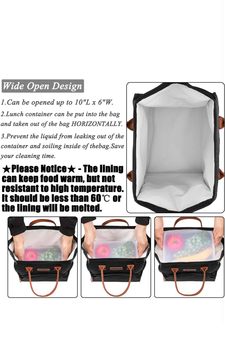 LOKASS Lunch Bag Insulated Lunch Box Wide-Open Lunch Tote Bag Large Drinks Holder Durable Nylon Thermal Snacks Organizer for Women Men Adults Work Picnic Hiking Beach Fishing,Black-Square