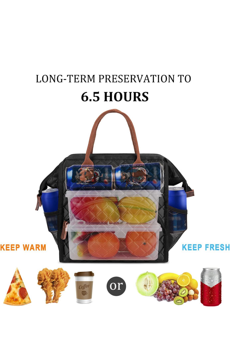 LOKASS Lunch Bag Insulated Lunch Box Wide-Open Lunch Tote Bag Large Drinks Holder Durable Nylon Thermal Snacks Organizer for Women Men Adults Work Picnic Hiking Beach Fishing,Black-Square