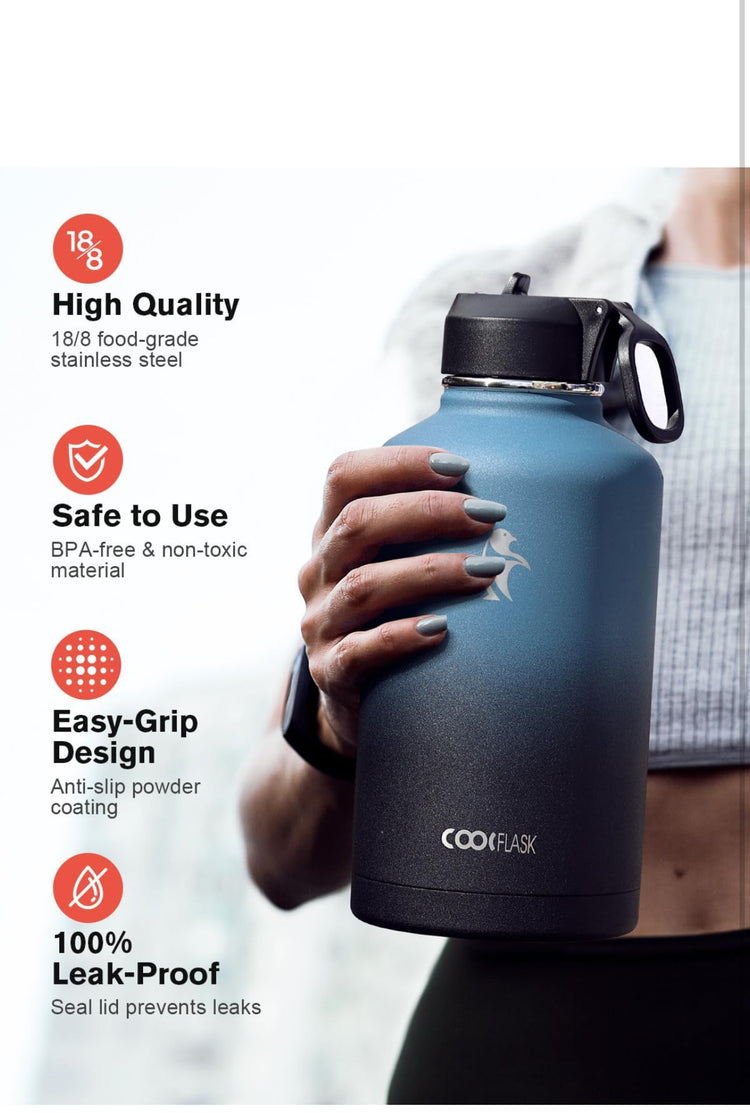 Half Gallon Water Bottle Insulated with Straw & 3 Lids, Coolflask 64 oz Water Jug Large Metal Stainless Steel Wide Mouth for Sports, Gym or Office, Non-BPA Keep Cold 48H Hot 24H, Samurai Cyan