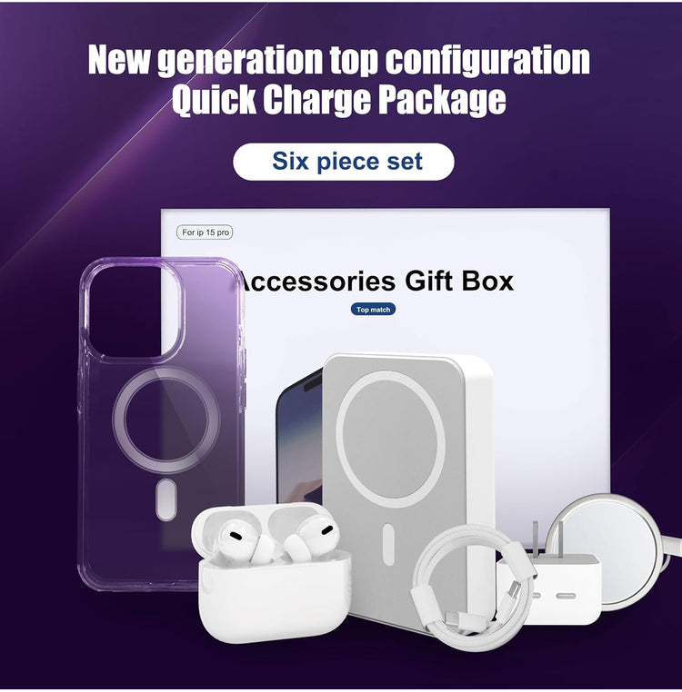 6 Pack Accessories Gift Box Kit Includes Bluetooth Headphones, PD Fast Charger with Cable, Crystal Clear Magnetic Case, Magnetic Charger & Wireless Compatible for iPhone 15 Pro Max 6.7" and iPhone 14 Pro Max 6.7”.