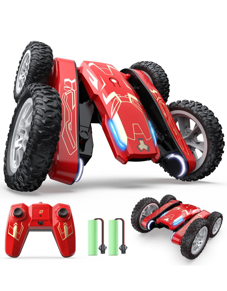 DEERC Iron Remote Control Car - Double Sided Mini RC Stunt Car, 360°Rotating 4WD Off-Road RC Cars with Headlights 2.4Ghz Indoor/Outdoor Rechargeable Toy Car for Boys Girls Age 4-7 8-12 Birthday Gift