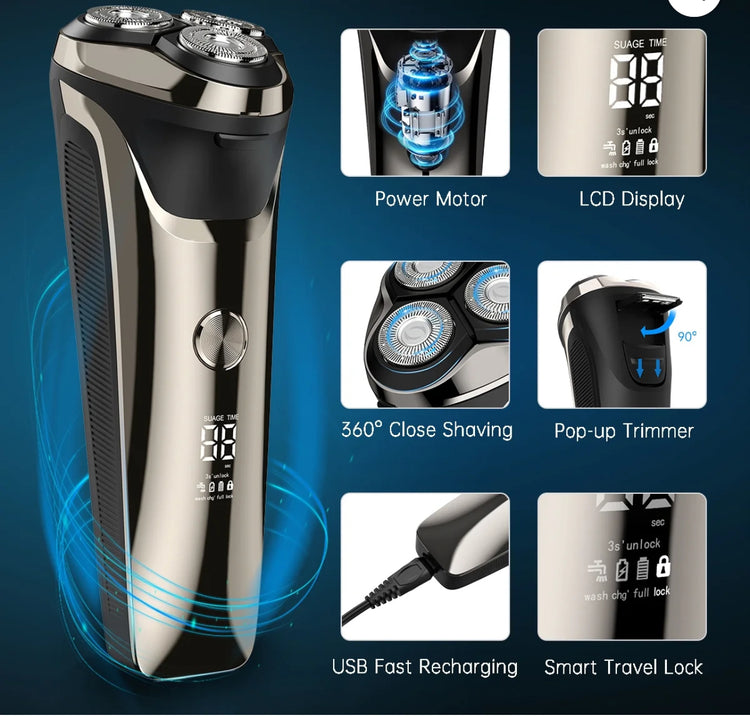 4D Electric Shaver for Men, IPX7 Waterproof Electric Razor Dry Wet Rotary Face Shaver Rechargeable Cordless Travel Beard Trimmer w/ LED Display & Charging Stand & Pop Up Trimmer for Dad Husband