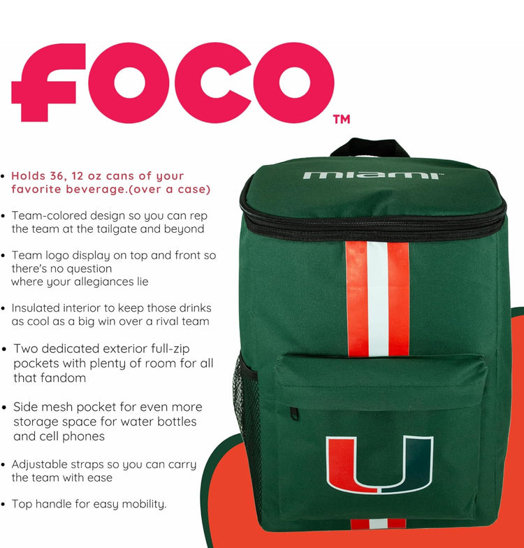 University of Miami Canes Cooler Backpack – Portable Soft Sided Ice Chest – Insulated Bag Holds 36 Cans - Acc Football Gear – Show Your Team Spirit with Officially Licensed Fan Gear.