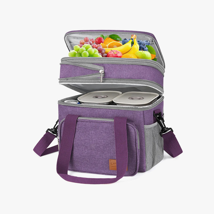 Insulated Lunch Bag, 17L Expandable Double Deck Lunch Tote Bag for Women/Men, Leakproof Freezable Cooler Box W/ Side Tissue Pocket&Adjustable Shoulder Strap,Suit for Work,School,Camping,Picnic,Purple