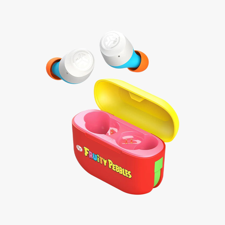 JLab Limited Edition Fruity Pebbles Go Air Pop True Wireless Bluetooth Earbuds + Charging Case, Dual Connect, IPX4 Sweat Resistance, Bluetooth 5.1 Connection, 3 EQ Sound Settings.