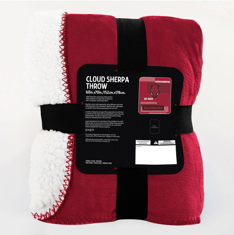 Officially License NCAA Cloud Throw Blanket with Sherpa Back 60” x 70”. Arkansas Razorbacks