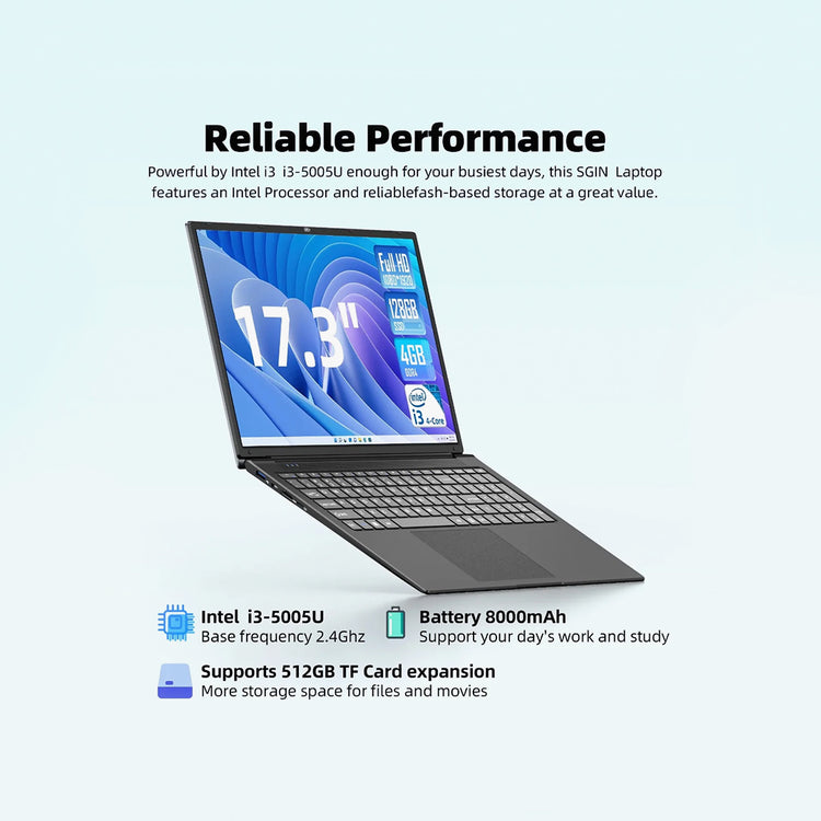 SGIN 17.3" 4gb DDR4 128gb SSD Windows 11 Laptop FHD IPS 1920 x 1080 Dual Core Intel i3, HDMI