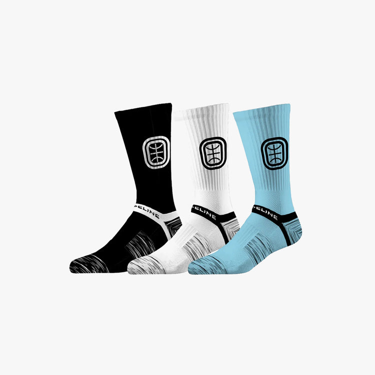 Strideline Overtime Elite Crew Socks. 3 Pack. Black, Blue and Green.