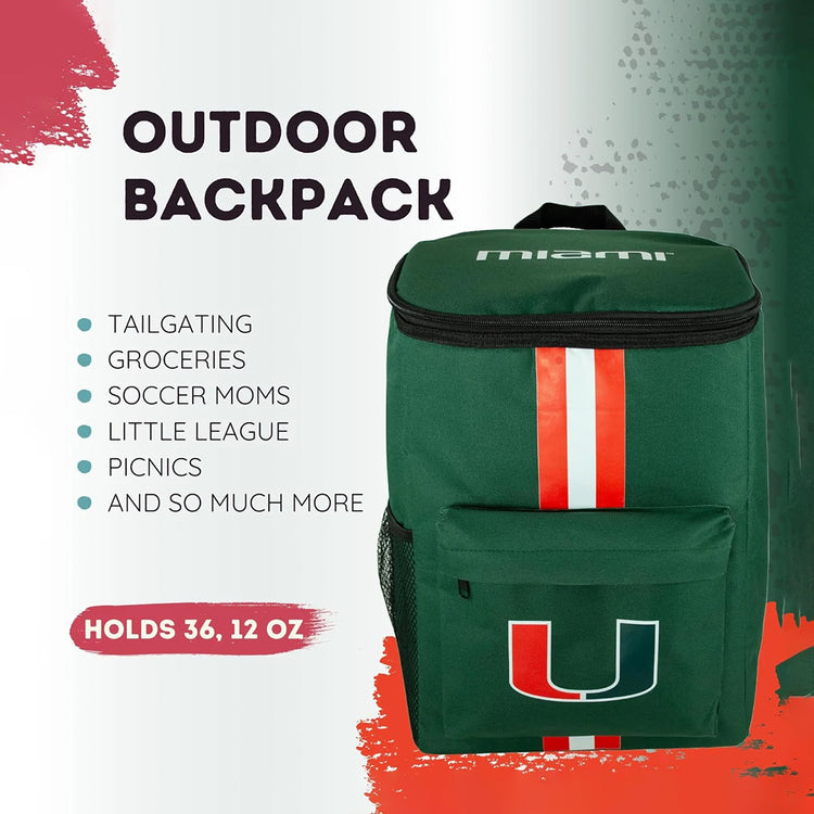 University of Miami Canes Cooler Backpack – Portable Soft Sided Ice Chest – Insulated Bag Holds 36 Cans - Acc Football Gear – Show Your Team Spirit with Officially Licensed Fan Gear.