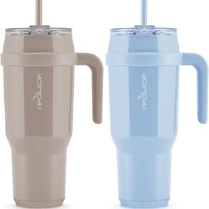REDUCE 50 oz Tumbler with Handle, 2 Pack - Vacuum Insulated Stainless Steel Mug with Sip-It-Your-Way Lid - Keeps Drinks Cold up to 50 Hours - Sweat Proof, Dishwasher Safe, BPA Free - Glacier and Sand