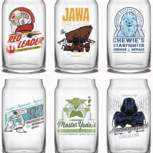 JoyJolt Star Wars Retro Vintage Collection 16.9oz Glass Tumblers - Featuring Darth Vader, R2D2, Yoda, Chewbacca, Red Leader, Jawa - Original Trilogy Drinkware, Glass Tumbler Set of 6 with Glass Straws