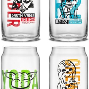 JoyJolt Star Wars Now Playing Collection Tumblers, 16.9oz Classic Can Shape Tumbler Drinking Glass Cups Set, Glass Tumbler Set of 4 w/Glass Straws, Star Wars Gifts, Star Wars Glassware