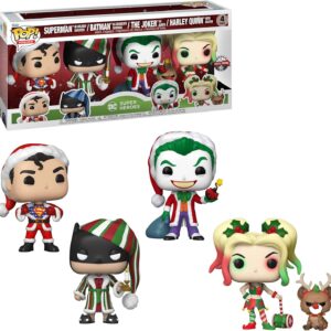 Funko Pop! DC Comics Christmas 4 Pack Special Edition Exclusive Vinyl Figures - Superman in Holiday Sweater, Batman as Ebenezer Scrooge, The Joker as Santa, Harley Quinn with Helper