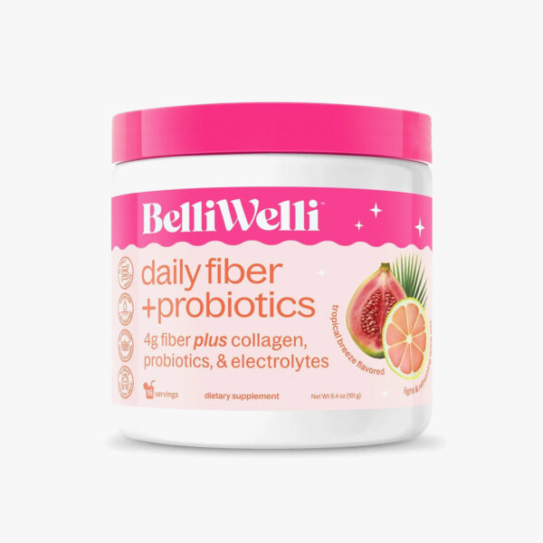 BelliWelli Daily Fiber Supplement with Probiotics, Electrolytes, and Collagen - Tropical Breeze, 6.4 oz. And Cucumber Lime 6.4 oz. 5 Cucumber Lime’s left and 1 Tropical Breeze left.