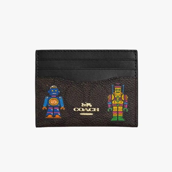 Cosmic Coach Slim Id Card Case In Signature Canvas With Robot Print.