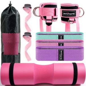 Barbell Pad for Hip Thrust Squat Bar Pad Foam Barbell Pad for Weight Bar Cushion with 2 Gym Ankle Straps 1 Booty Band and Carry Bag for Standard Olympic Bars
