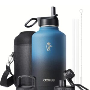Half Gallon Water Bottle Insulated with Straw & 3 Lids, Coolflask 64 oz Water Jug Large Metal Stainless Steel Wide Mouth for Sports, Gym or Office, Non-BPA Keep Cold 48H Hot 24H, Samurai Cyan