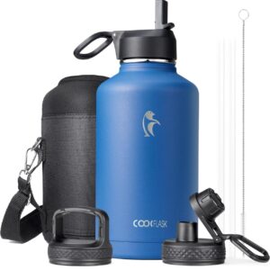 Water Bottle Insulated 64 oz with Straw & 3 Lids, Coolflask Half Gallon Water Jug Large Metal Stainless Steel Wide Mouth for Sports, Gym or Office, Non-BPA Keep Cold 48H Hot 24H, King's Blue