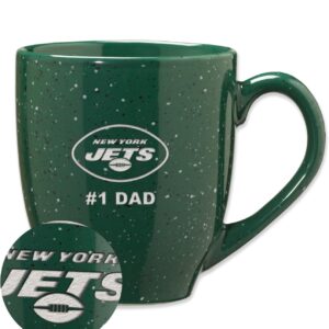 Rico Industries NFL Football New York Jets #1Dad 16 oz Team Color Laser Engraved Speckled Ceramic Coffee Mug.