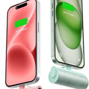 Charmast 2-Pack Small Portable Charger for iPhone 3500mAh, Bling Compact Mini Power Bank, Cute Portable Phone Charger, Green Compatible with iPhone 15 Series, Pink Compatible with /14/13/12/11 Series.