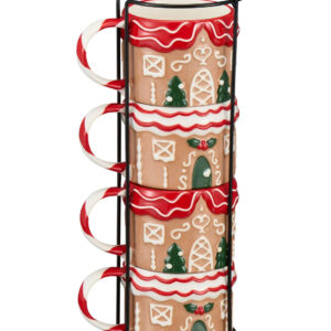 Holiday Time 12oz Gingerbread House Glazed Stoneware Ceramic Stacking Mug Set with Metal Rack