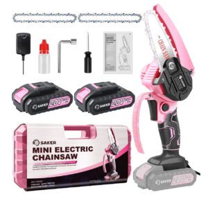 Saker 4 Inch Mini Chainsaw, Pink Cordless Chainsaw, Electric Chainsaw for Tree Branches, Courtyard, Household & Garden(2PCS 1500mAh Batteries & 3 PCS Chains)