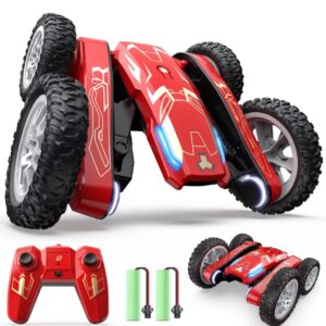 DEERC Iron Remote Control Car - Double Sided Mini RC Stunt Car, 360°Rotating 4WD Off-Road RC Cars with Headlights 2.4Ghz Indoor/Outdoor Rechargeable Toy Car for Boys Girls Age 4-7 8-12 Birthday Gift